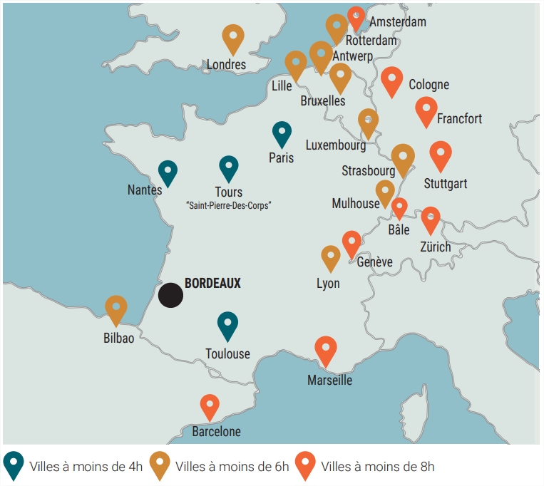 Karte der Zugverbindungen von Bordeaux