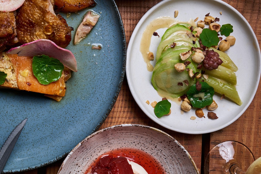 Drei elegante Gourmet-Tellern mit gesunden Gerichten: Fisch mit Avocado und Nüssen auf weißem Teller, gebratenes Fleisch mit Gemüse auf blauem Teller, und eine rote Sauce auf strukturiertem Teller, garniert mit frischen Kräutern.