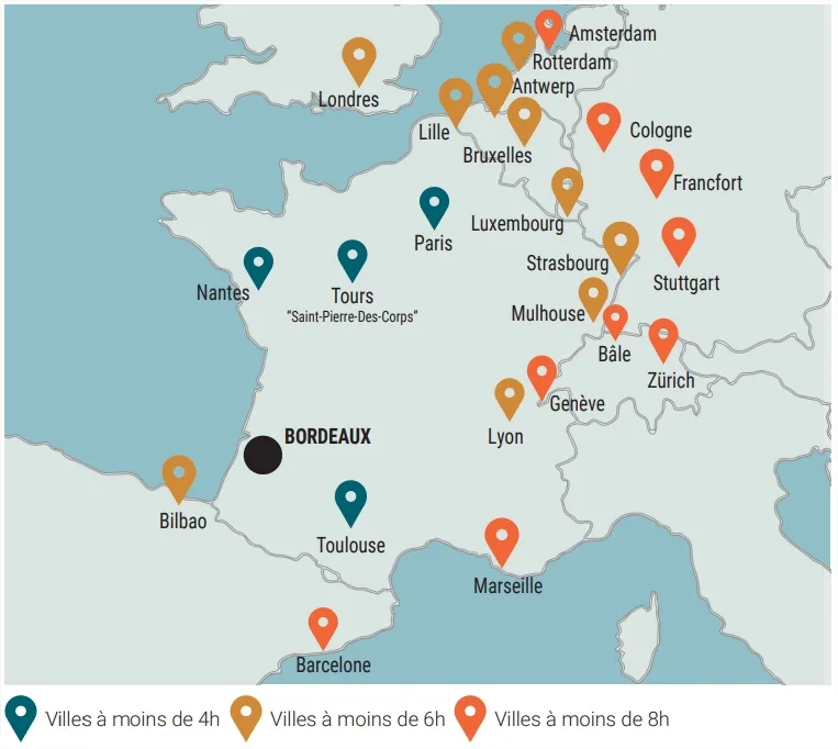 Karte der Zugverbindungen von Bordeaux